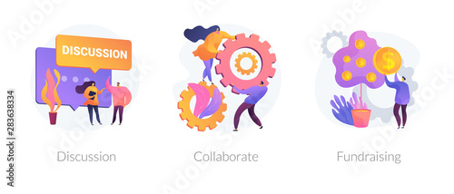 Teamwork and coworking web banners set. Online business conference, money investment. Discussion, collaboration, fundraising metaphors. Vector isolated concept metaphor illustrations
