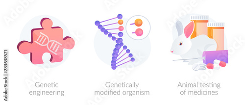 Gene manipulation. Genetic research. DNA recombination. Genetic engineering, GMO genetically modified organism, animal testing of medicines metaphors. Vector isolated concept metaphor illustrations