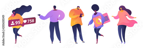 Businessmen and businesswomen flat vector characters set. Dark skin and european man and women pack. Social media user holding smartphone. Female marketer, blogger and vlogger isolated cliparts