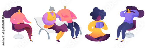 Male and female flat vector characters set. Dark skin student reading book, senior couple sitting isolated cliparts. Businesswoman, corporate worker. Middle aged woman having headache