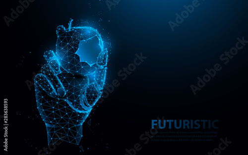 Bionic medical hand prosthesis, holding bite of apple. Metallic robot arm internal human. Future technology concept