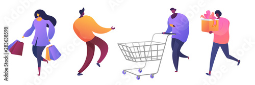 Store customers flat vector illustrations set. Happy buyers, excited shopaholics cartoon characters. Men and women go shopping. Ladies holding purchases, bags and present. Guy with trolley and list photo