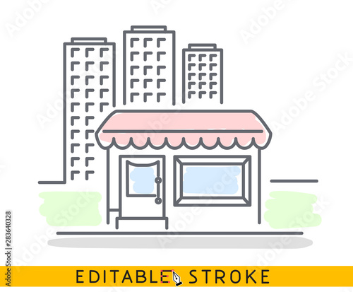 Building of small shop or company and big residential or business skyscrapers. Sketch line flat design of commerce architecture. Storefront illustration concept. Editable outlines stroke. - Vector