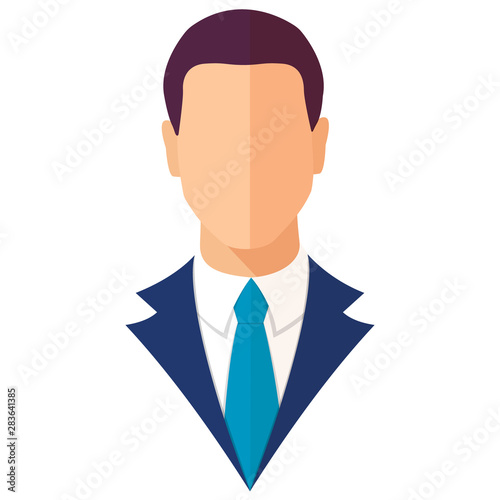 Businessman in blue suit with tie colorful flat style vector illustration icon isolated on white background.