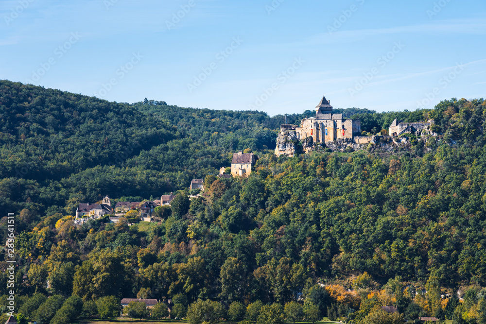 Chateau of Castelnaud-la-Chapelle surrounded by dense forest