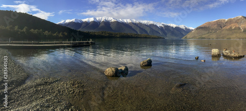 panoramic view of lake Rotoiti with Saint Arnaud range in Nelson Lakes National Park, New Zealand