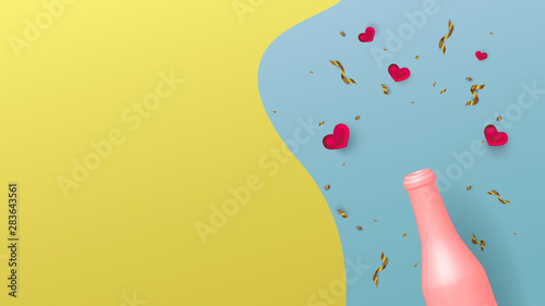  Happy new year, Christmas or Party. Pastel bottle with copy-space on yellow light blue pastel background for put your product,text, design. Backdrop for advertising. Valentines day background. Love c