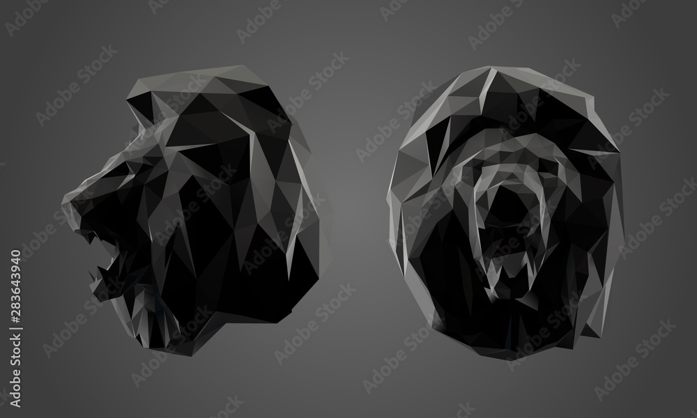 Lion in Black and White. Dark Set of Lions. Low Poly Vector Greyscale Silhouette 3D Rendering Lion in Black and White. Dark Set of Lions. Low Poly Vector Greyscale Silhouette 3D Rendering
