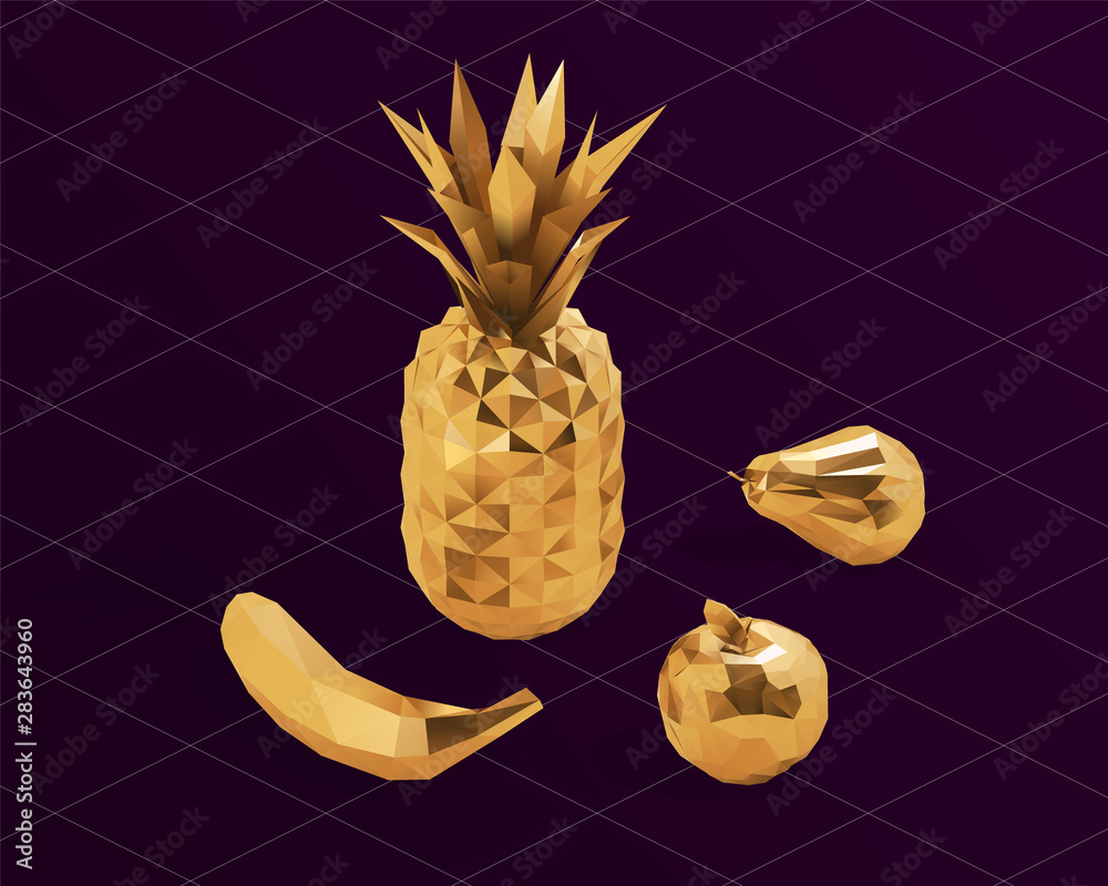 Gold Isometric Fruit. Shiny Metallic Set of Golden Fruits on Purple