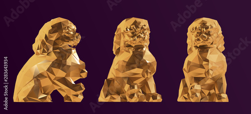 Gold Guardian Lion. Shiny Metallic Set of Golden Chinese Lions on Purple Background. Low Poly Vector 3D Rendering