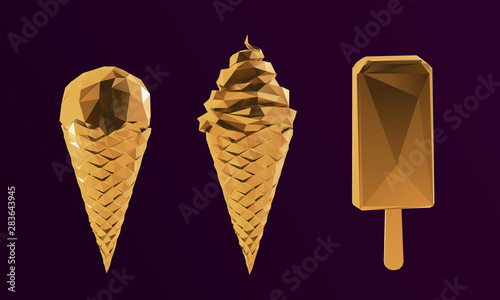 Gold Ice Cream Collection. Shiny Metallic Set of Golden Gelato on Purple Background. Low Poly Vector 3D Rendering