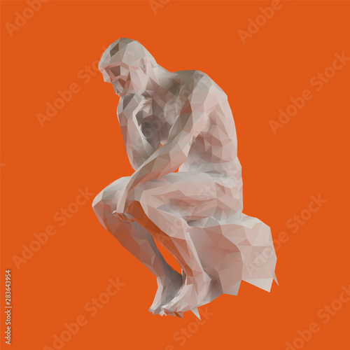 White Plaster Thinker Man on Orange Background. Low Poly Vector 3D Rendering