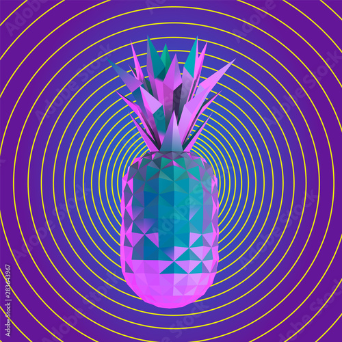 Psychedelic Vaporwave Pineapple on Retro Background. Low Poly Vector 3D Rendering