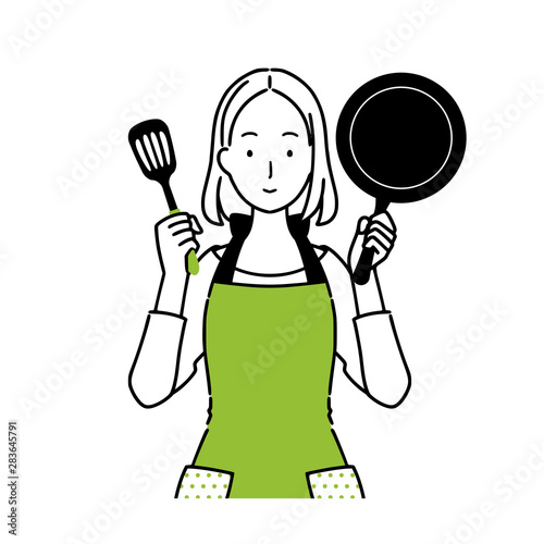 Illustration of woman with cooking utensils.