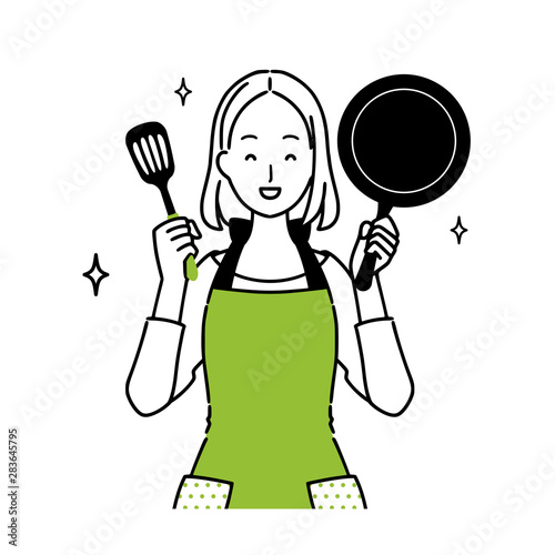 Illustration of woman with cooking utensils.