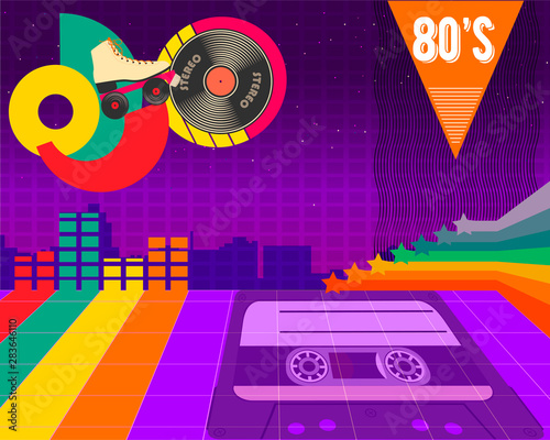 Poster, banner or cover, music, retro, 80s. Old style vector poster. Fashion background easy editable template for event.