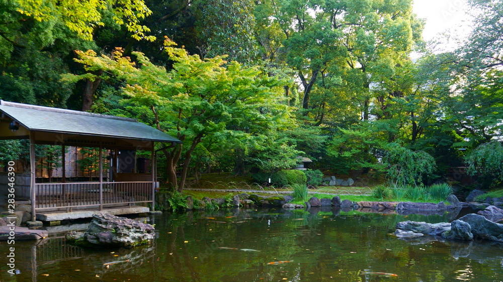 Yasukuni Jinja inner garden. Pond in the Japanese garden