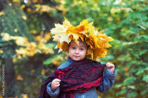Portrait of a little girl in a wreath of autumn leaves . Children on a walk in the autumn Park