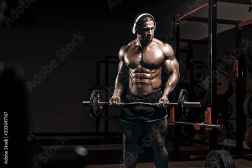 Muscular athletic bodybuilder fitness model training arms with barbell in gym. Concept sport photo of exercises in gym
