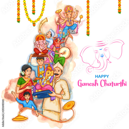 illustration of Indian people celebrating Lord Ganpati background for Ganesh Chaturthi festival of India © vectomart
