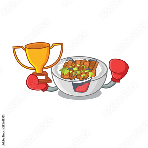 Boxing winner donburi above a tables wood cartoon