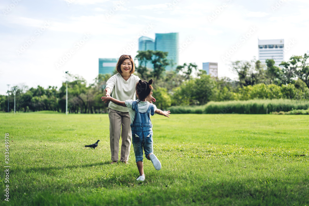 Portrait of happy grandmother and little cute girl enjoy relax together in summer park,little girl run to grandmother and hug.Family and togetherness