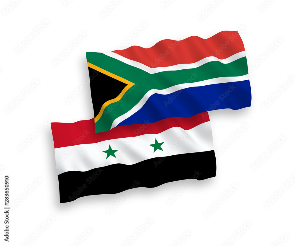 National vector fabric wave flags of Republic of South Africa and Syria isolated on white background. 1 to 2 proportion. National vector fabric wave flags of Republic of South Africa and Syria isolated on white background. 1 to 2 proportion.