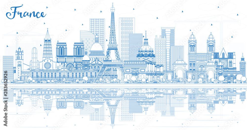 Outline France City Skyline with Blue Buildings and Reflections.