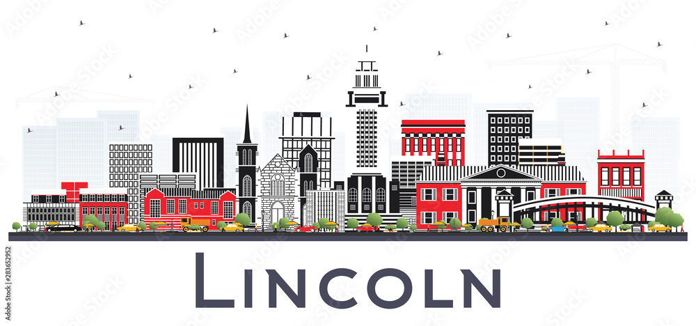 Lincoln Nebraska City Skyline with Color Buildings Isolated on White.