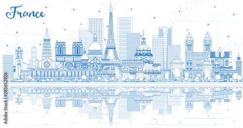 Outline France City Skyline with Blue Buildings and Reflections.