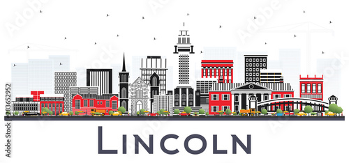 Lincoln Nebraska City Skyline with Color Buildings Isolated on White.