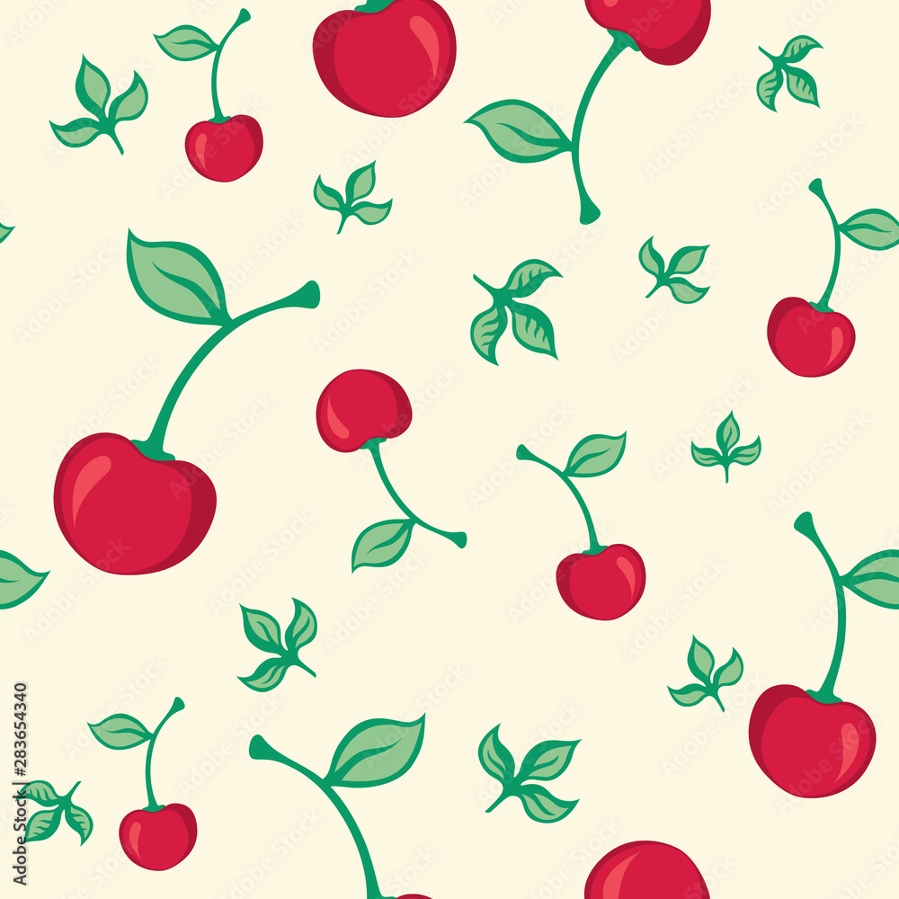seamless pattern of cherries and leaves on a white background seamless pattern of cherries and leaves on a white background