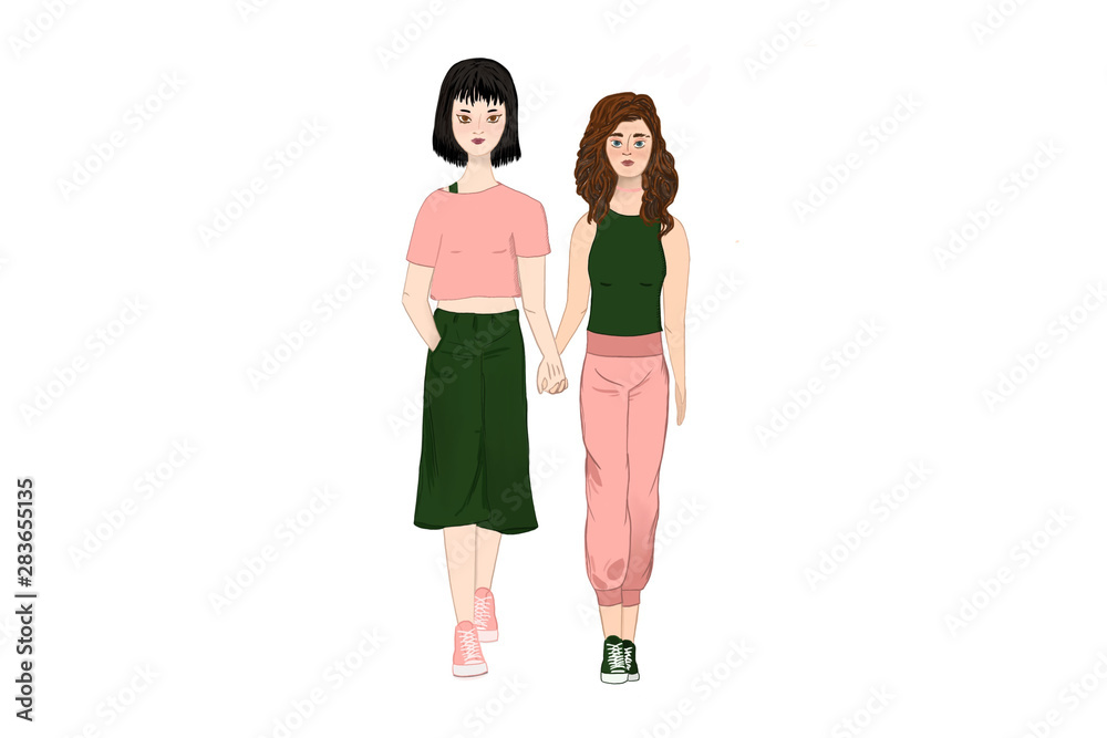 Two pretty young girls are standing next to each other and holding hands. Two pretty young girls are standing next to each other and holding hands.