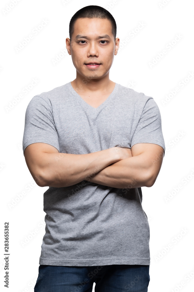 Grey top dry on asian model for mockup template
