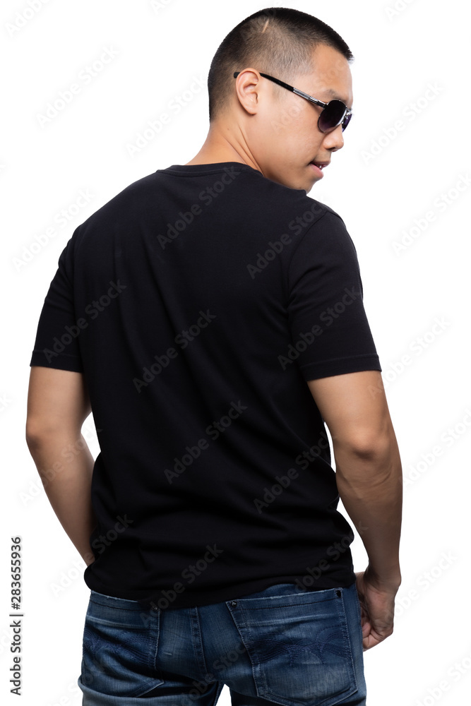 Black v-neck tshirt on asian model Black v-neck tshirt on asian model