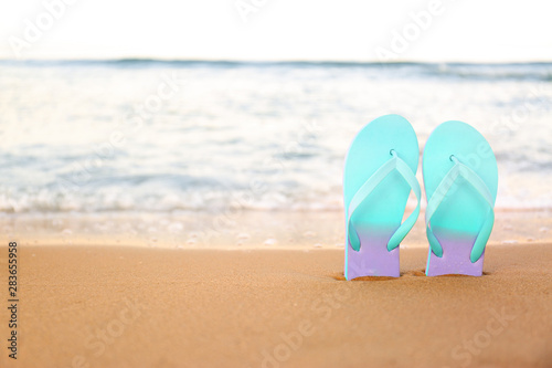 Stylish flip flops on sand near sea  space for text. Beach accessories