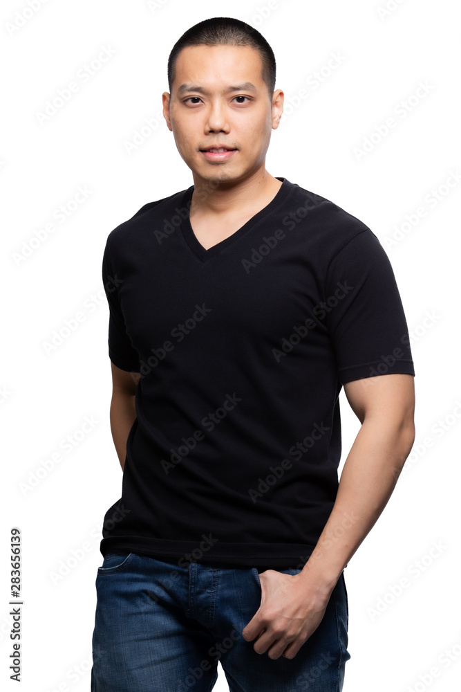 Black v-neck tshirt on asian model Black v-neck tshirt on asian model
