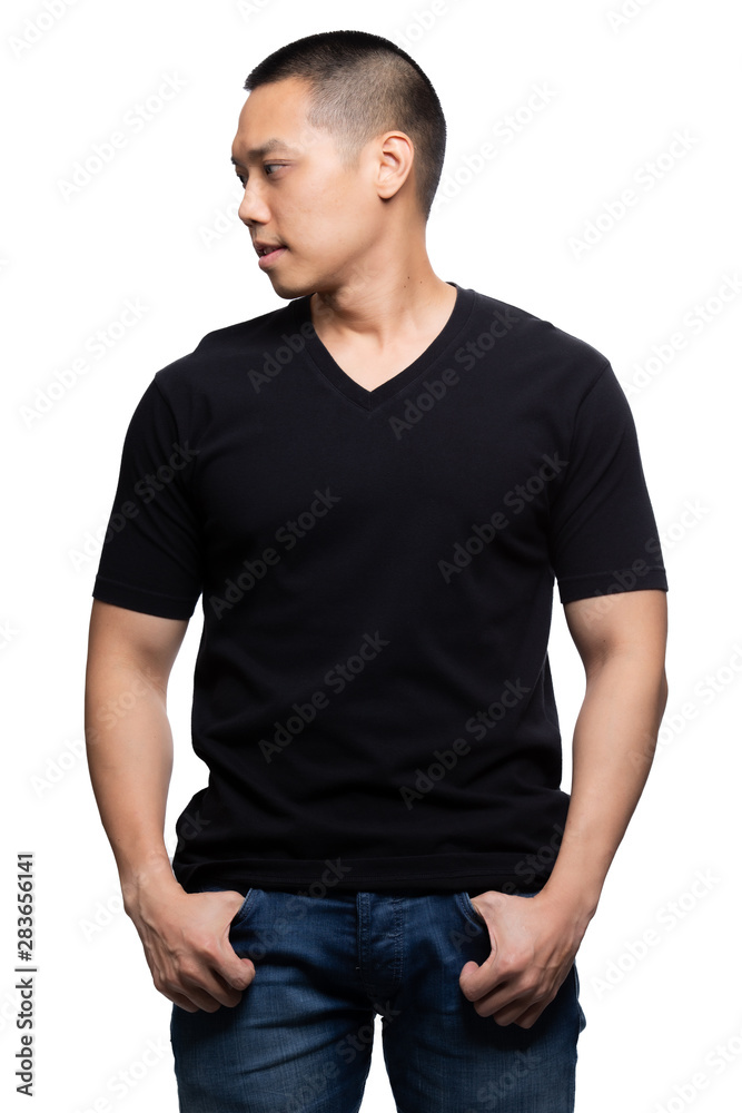 Black v-neck tshirt on asian model Black v-neck tshirt on asian model