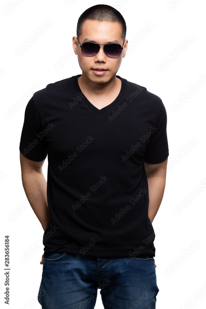Black v-neck tshirt on asian model Black v-neck tshirt on asian model