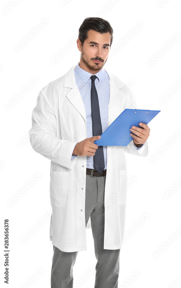 Young male doctor with clipboard on white background. Medical service Young male doctor with clipboard on white background. Medical service