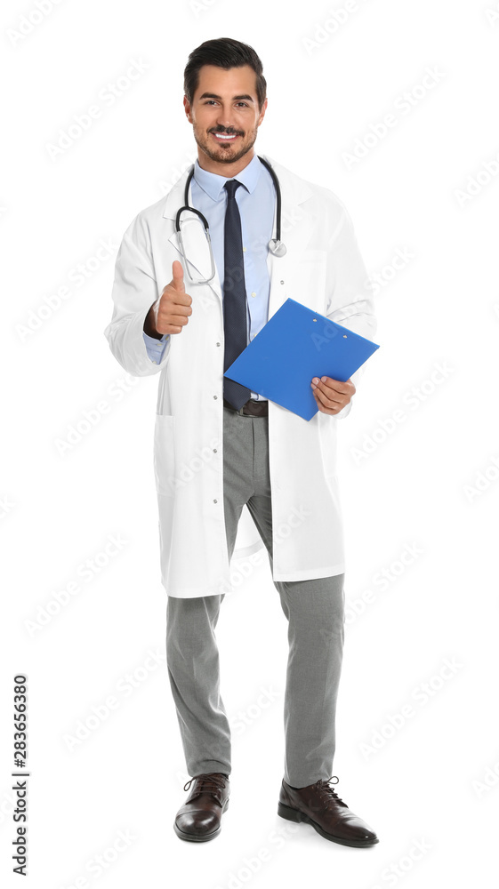 Young male doctor with clipboard on white background. Medical service Young male doctor with clipboard on white background. Medical service