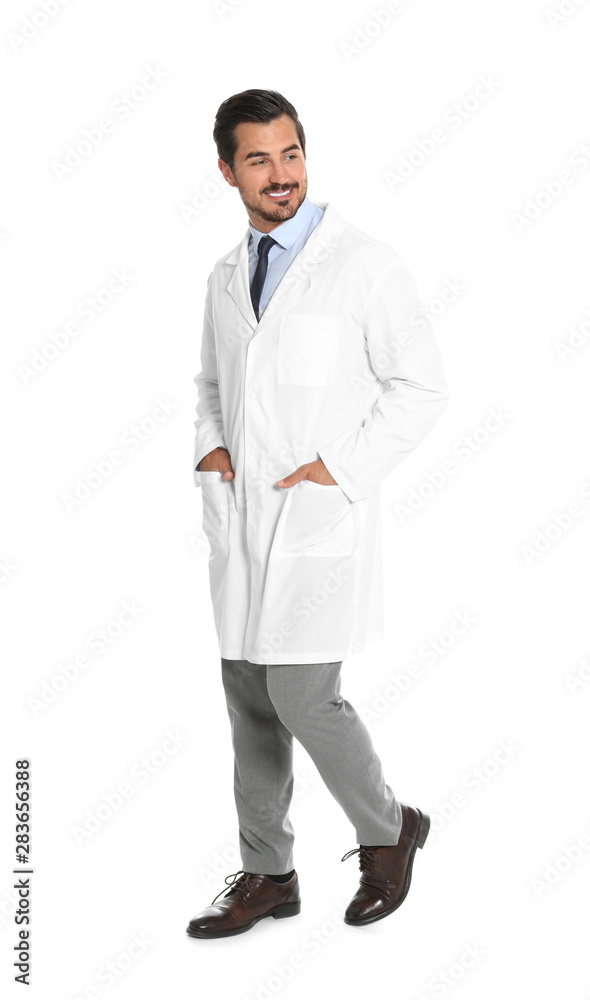 Young male doctor walking on white background. Medical service Young male doctor walking on white background. Medical service