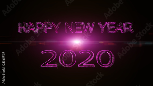 Happy new year 2020 greeting glow white pink particles.