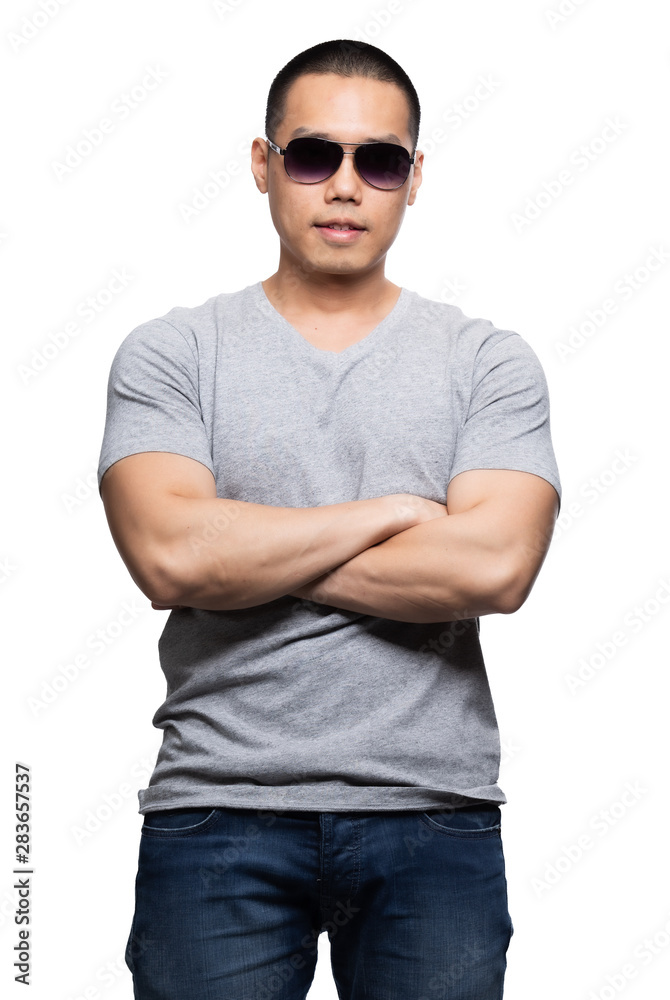 Grey top dry on asian model for v-neck tshirt Grey top dry on asian model for v-neck tshirt