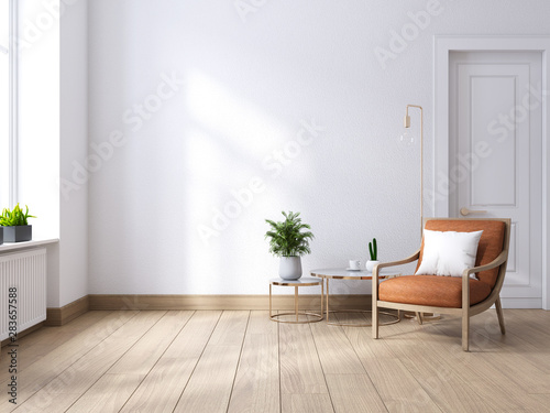 Modern mid century and minimalist interior of living room ,leather armchair with table on white wall and wood floor ,3d render photo