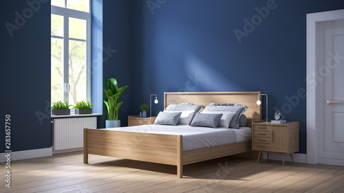 Fotografie, Obraz Modern scandinavian  interior of Bedroom ,wood bed and bedside table on dark blu