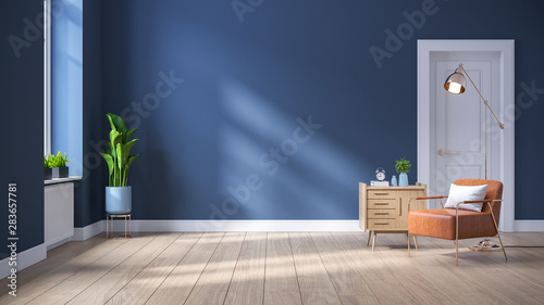 Modern mid century  interior of living room ,leather armchair with wood cabinet on blue wall and wood floor ,3d render photo