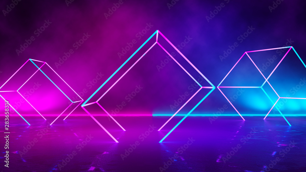 Empty Square Shaped purple neon light with smoke ,abstract background,ultraviolet concept,3d render Empty Square Shaped purple neon light with smoke ,abstract background,ultraviolet concept,3d render