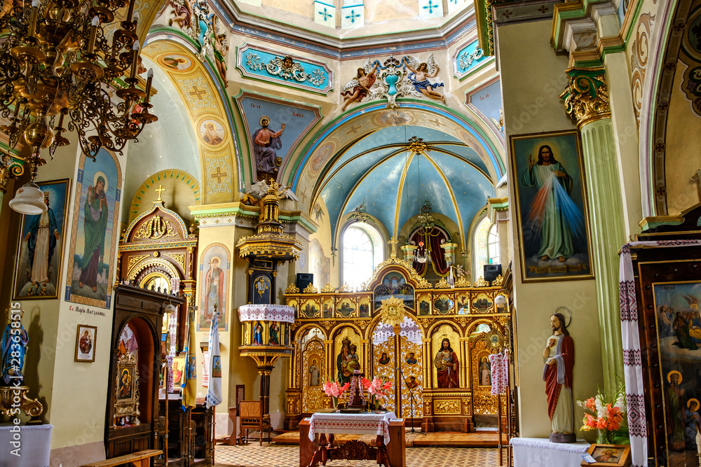 Interior of Trinity Church at Market Square in Berezhany, Ternopil region, Ukraine. August 2019