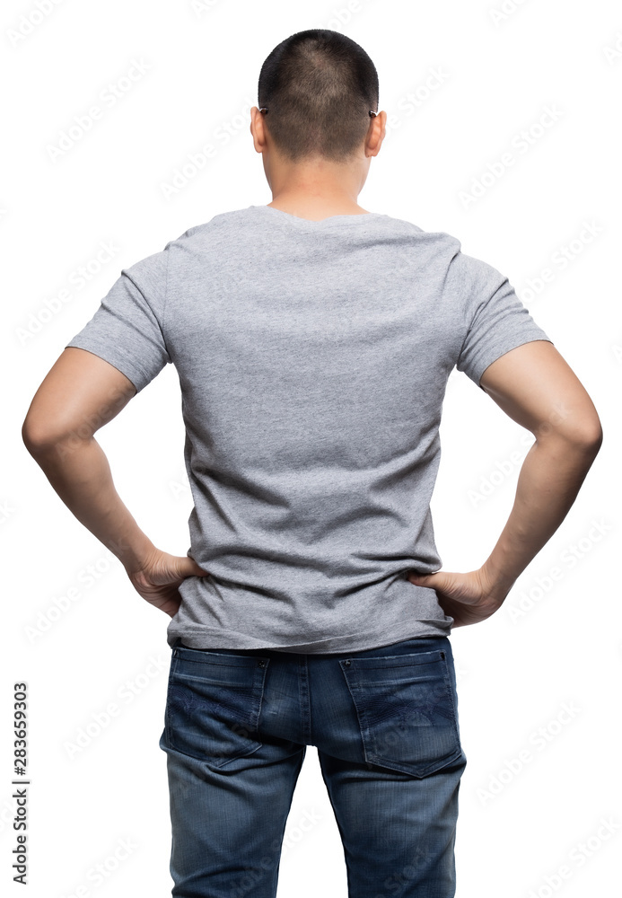 Obraz premium Grey top dry on asian model for v-neck tshirt blank mockup